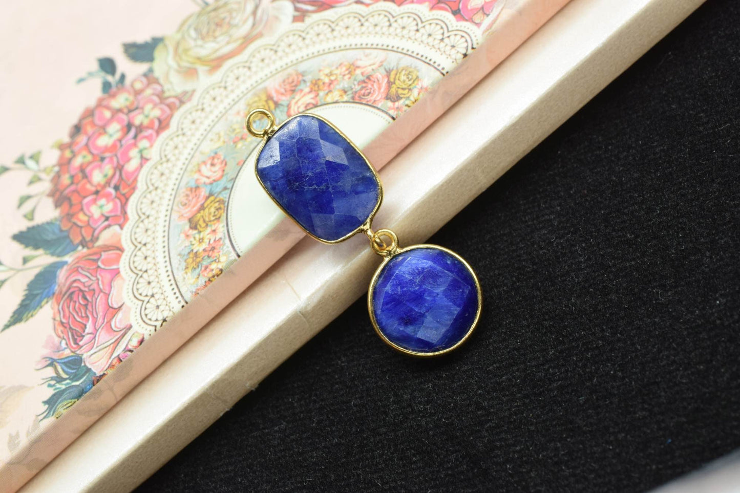 Blue Sapphire Connector,Station Bezel Link,Natural Gemstone Pendant Charm,Blue Sapphire Jewelry,Gemstone Earring Connector,Handmade Pendant