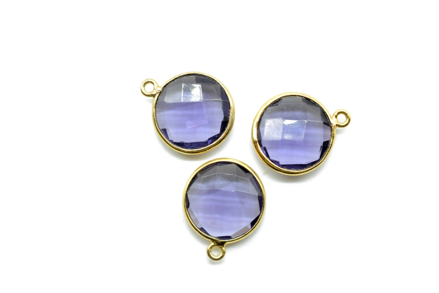 Amethyst 14mm Round Connectors,Brass Gold Plated bezel,Amethyst single Bail Pendant,February Birthstone Coin Links,Jewelry Making Findings