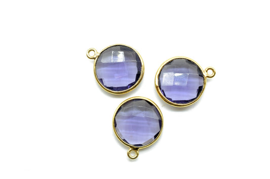 Amethyst 14mm Round Connectors,Brass Gold Plated bezel,Amethyst single Bail Pendant,February Birthstone Coin Links,Jewelry Making Findings