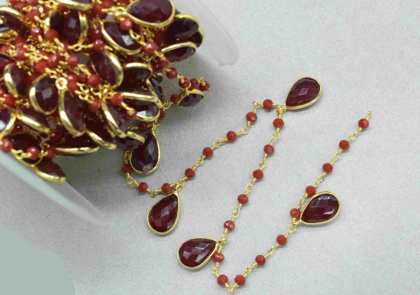 Garnet Gemstone 8x12mm Teardrop Shape Bezel Chain,Ruby Quartz 3mm Beads Chain,Garnet Connector Link Chain,Garnet Connector Chain For Jewelry