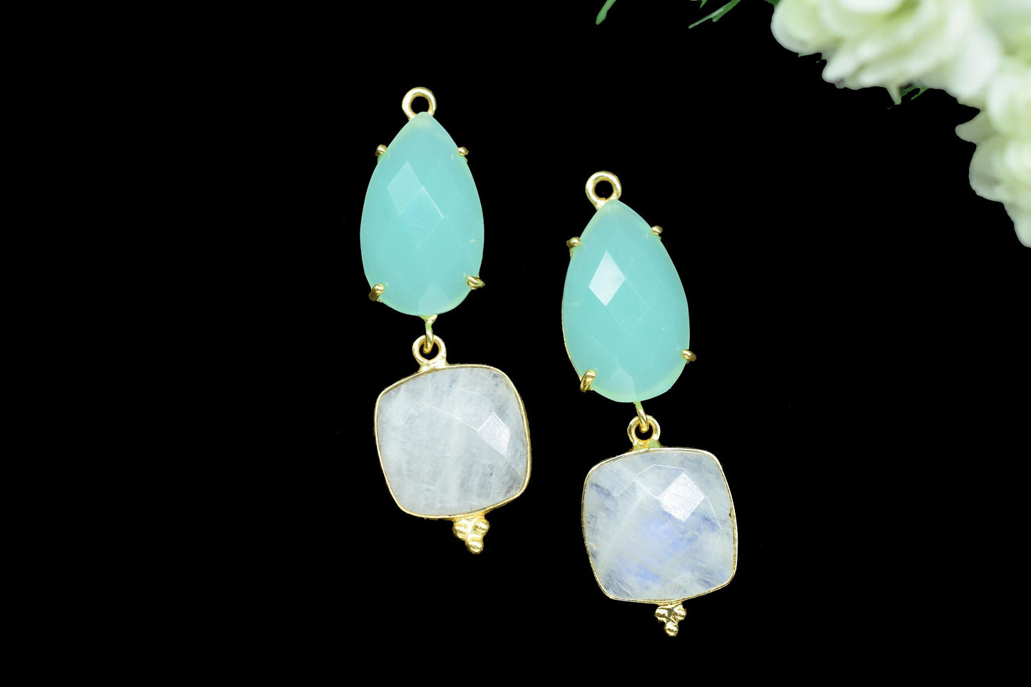 Aqua Chalcedony Bezel Connector/Station Bezel Link Pendant/Prong Bezel Jewelry/Handmade Jewelry/Rainbow Moonstone Pendant/Connector/Gift