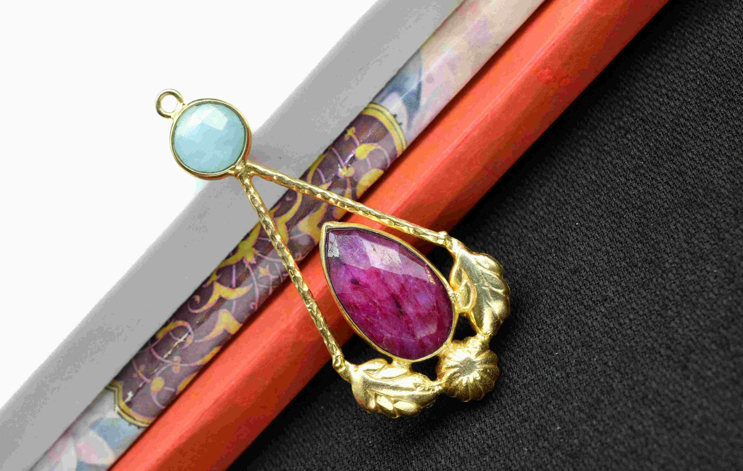 Amazonite Gemstone Pendant , Ruby  Handmade Pendant , Multi Gemstone Charms , Gold Plated Gemstone Connectors , Summer Collection