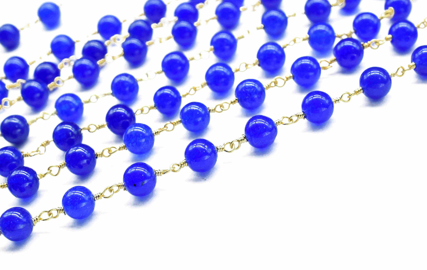 Blue jade Smooth Gemstone 6mm Smooth Bead Chain,Blue jade Beaded Rosary Chain Jewelry,Blue jade Wire Wrapped Gold Plating Beads Chain,Gift
