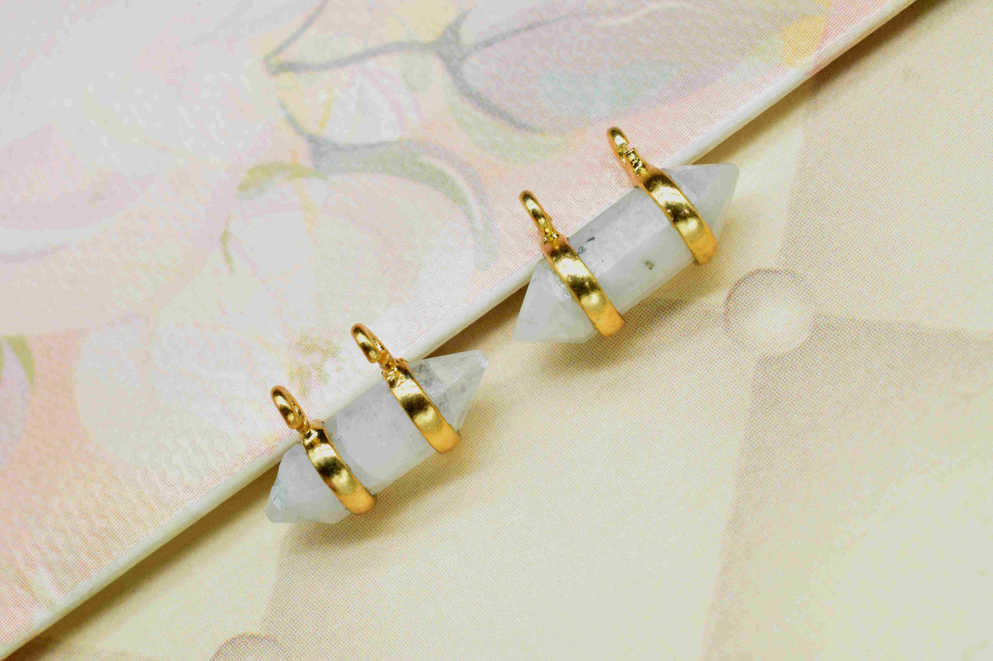 Moonstone Double Terminated Point Pendant,Moonstone 5x15mm Point Shape Component,Rainbow Gold Plated Band,June Birthstone,Jewellery For Her