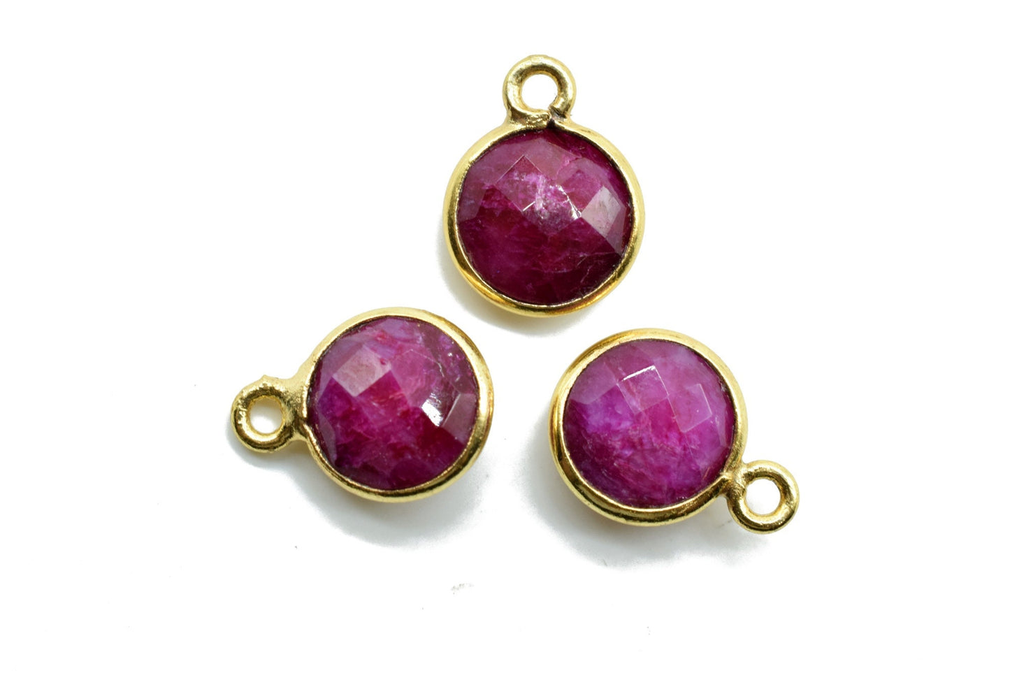 Natural Ruby 8mm charm,Ruby Pendant,Ruby Round Gold Plated bezel,Ruby Vermeil Bezel,Ruby jewelry making charm,Ruby Brass connector,Ruby gift
