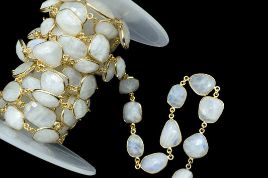 Rainbow Moonstone Connector link-Gold Bezel Chain,Free Size Faceted Gemstone Connector,Handmade Bezel Link Chain,Rainbow Moonstone Jewelry