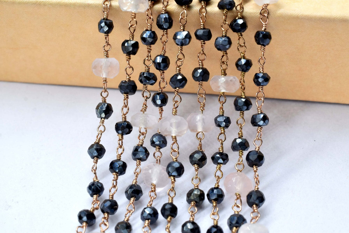 4 mm Black onyx  Rosary Chain,rose quartz Faceted Beaded Chain,Wire Wrapped gold Plated Chain,bigger size beaded ,rosary ,dual gemstone,boho