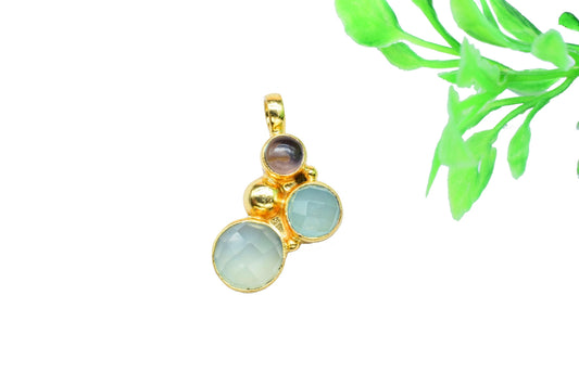 Multi Stone faceted Pendant,Aqua Quartz Pendant,Boho Pendant,Gemstone Pendants jewelry,Handmade Pendant Charm,statement Brass Pendant,Gift