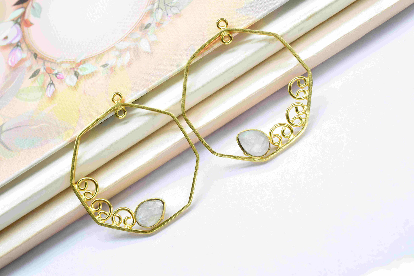 Moonstone 6x8mm Teardrop Shape Component,Gemstone Single Bail Connector,Finding 32mm Hexagon Shape Pendant,Gold Plated Earring,JewelryMaking