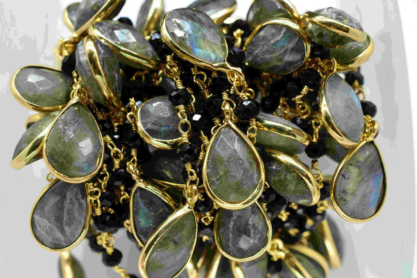 Labradorite 8x12mm Teardrop Shape Bezels Link Chain,Black Onyx 3mm Beads Chain,Labradorite Bezels chain,labradorite And Black Onyx Jewellery