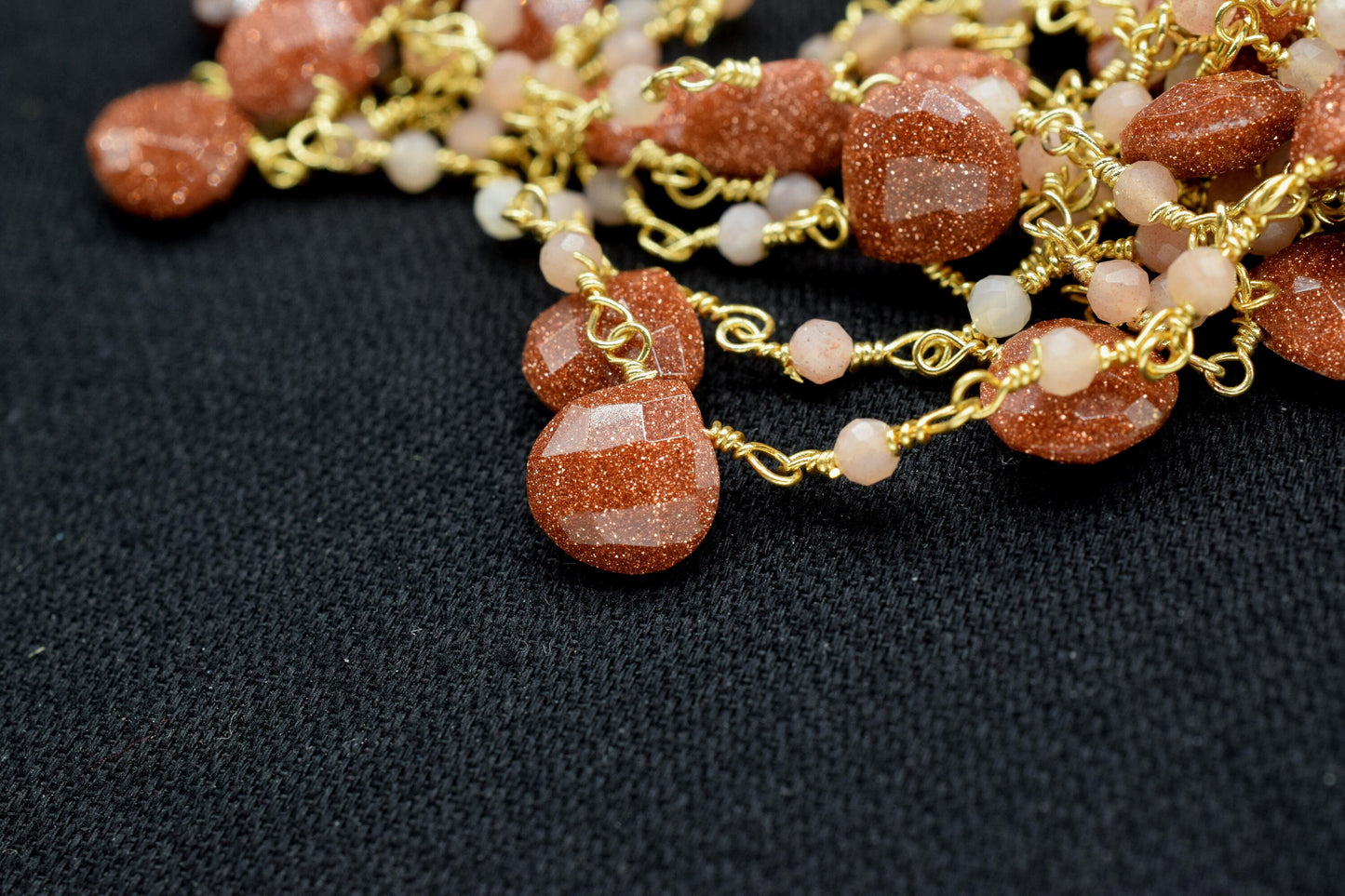 Peach Moonstone Beads Rosary,Silver Plated,Wire Wrapped link Stone Rosary,Heart Shape Briolette Chain, New Style Rosary,sunstone rosary,