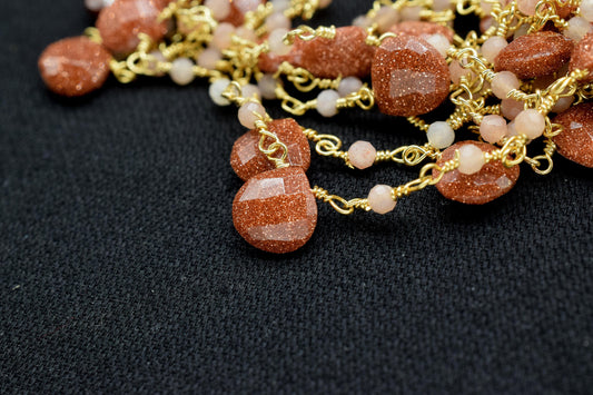 Peach Moonstone Beads Rosary,Silver Plated,Wire Wrapped link Stone Rosary,Heart Shape Briolette Chain, New Style Rosary,sunstone rosary,