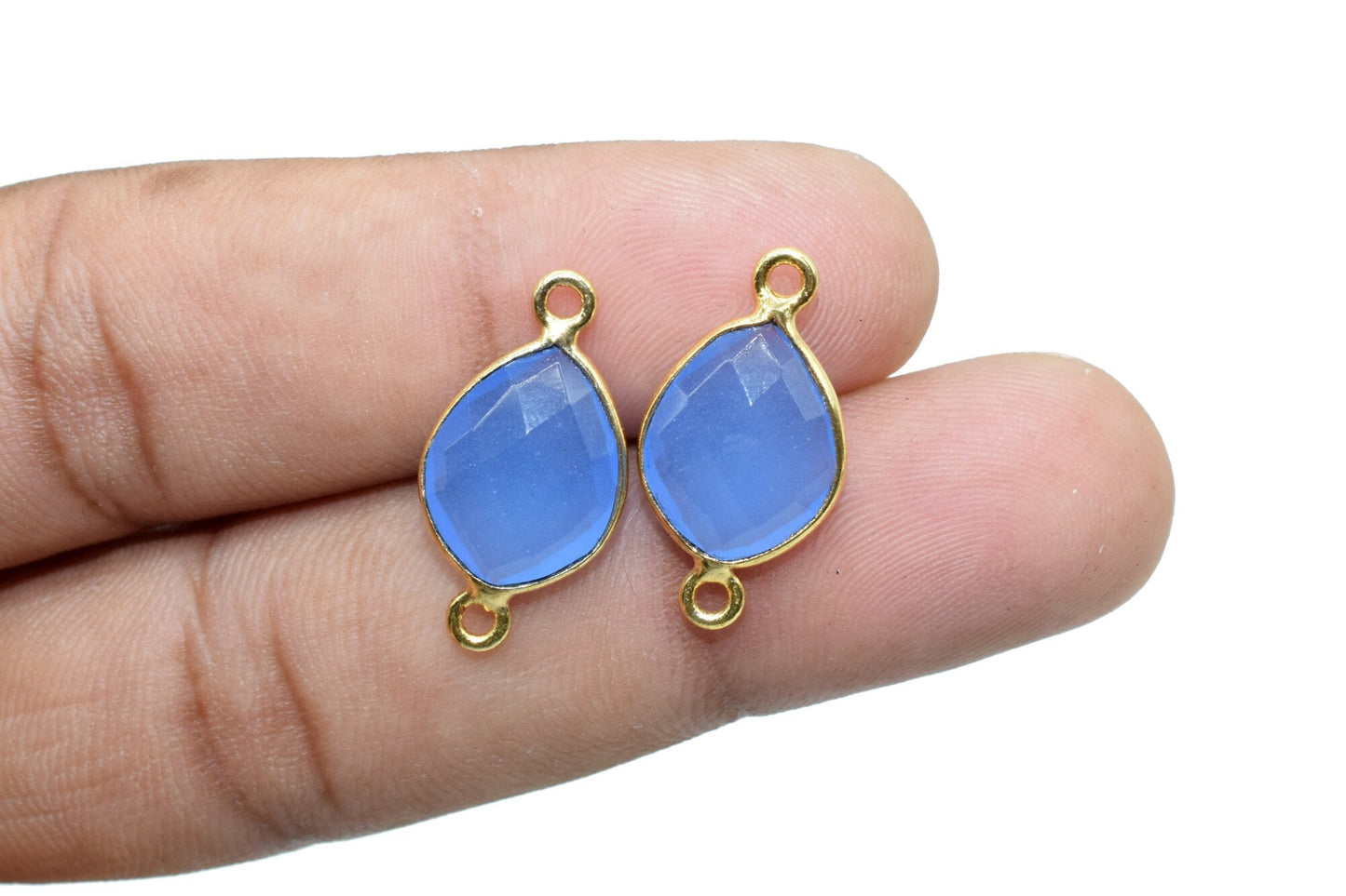Blue Chalcedony 10x13mm Eye shape double loop charms,Blue Chalcedony pendants, Gold Plated,double Bail Connectors,Jewelry Bezel Set Charms