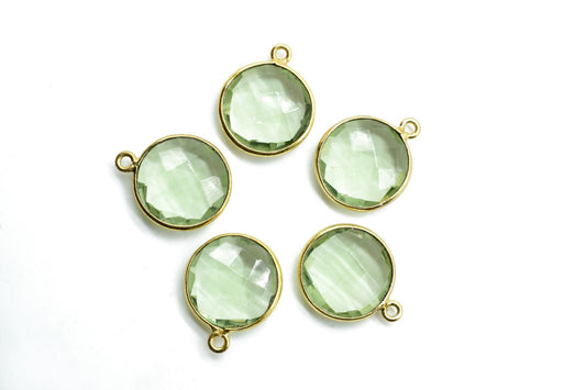Green Amethyst 14mm Round charm,Brass Gold Plated bezel,Green Amethyst single Bail Pendant,February Birthstone Coin Links,Jewelry Findings