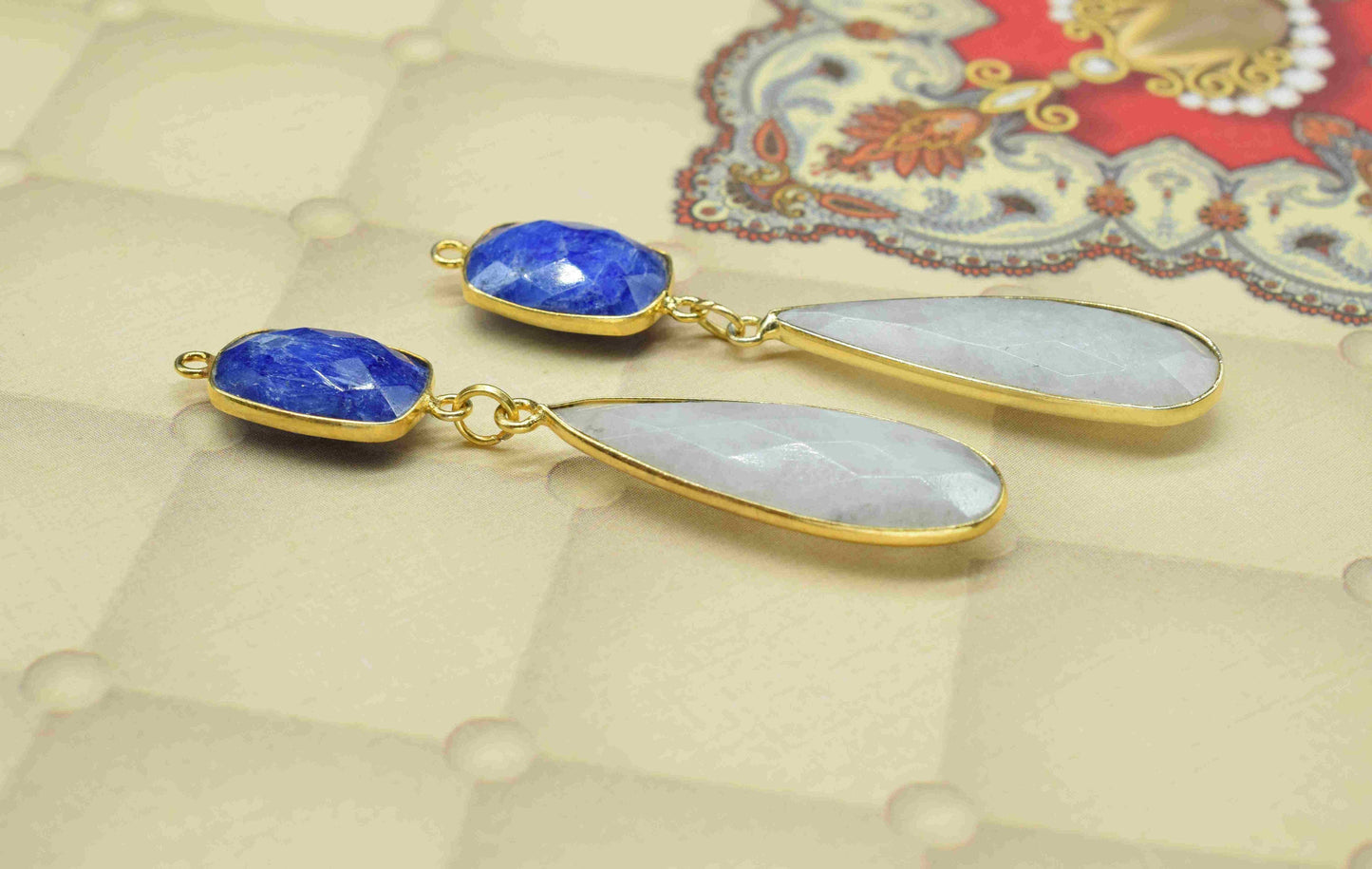 Rainbow Dangle pendant Charms,Multi Gemstone Dangle Earring,Blue sapphire pendant Connectors,Handmade Station Bezel Link,Component Jewelry