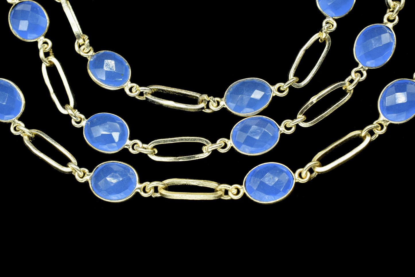 Blue Chalcedony Wire Wrapped Bezel Bead Chain,Link Connector Chain,Chalcedony Bezel ConnectorChain,Gold Plated Gemstone Chain,Bracelet Chain