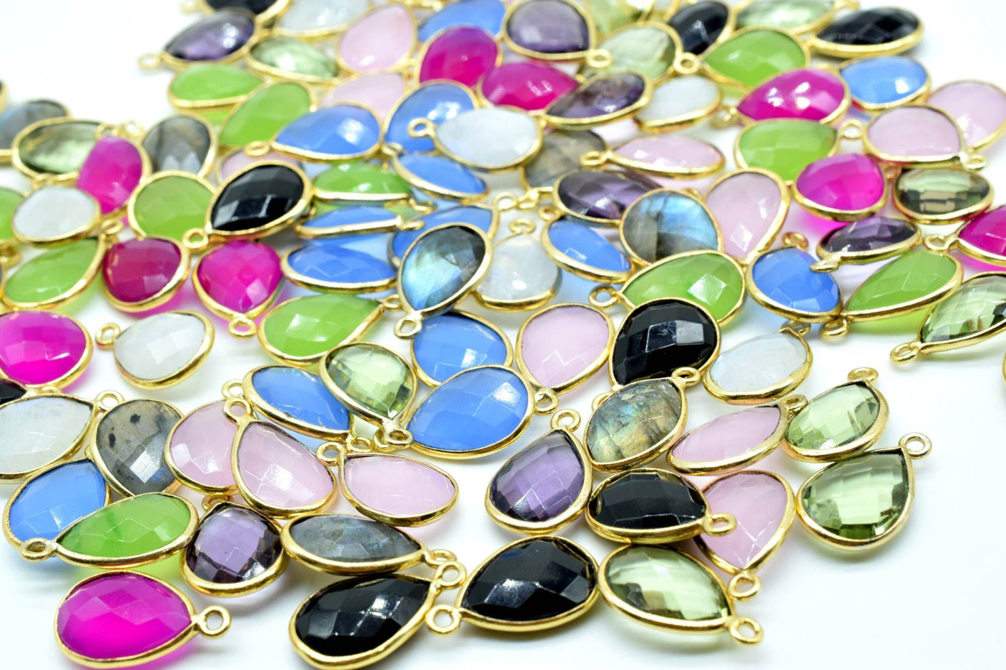 Prehnite 10x14mm Teardrop Bezel charm,Elegant Prehnite Gemstone Components Pear Shape Connectors,Single Bail Over Brass Gold Edge Jewelry