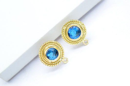 Blue Topaz Gemstone Earring/Blue Topaz Round Earring/Designer Bezel Earring/Gold Plated Jewelry/Handmade Jewelry/Earring Connector/Gift