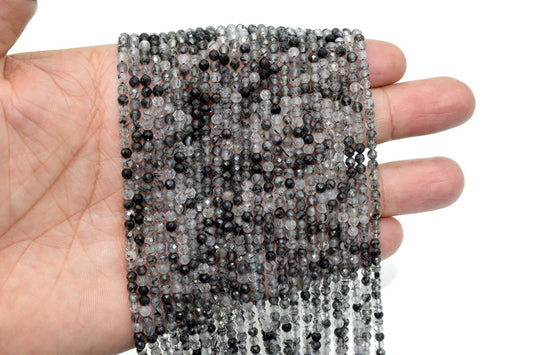 Black Rutile Beads,Rutile Faceted Rondelle Beads,Fine Quality bead strand,Rutilated Quartz Beads,3mm beads strand,black gemstone beads