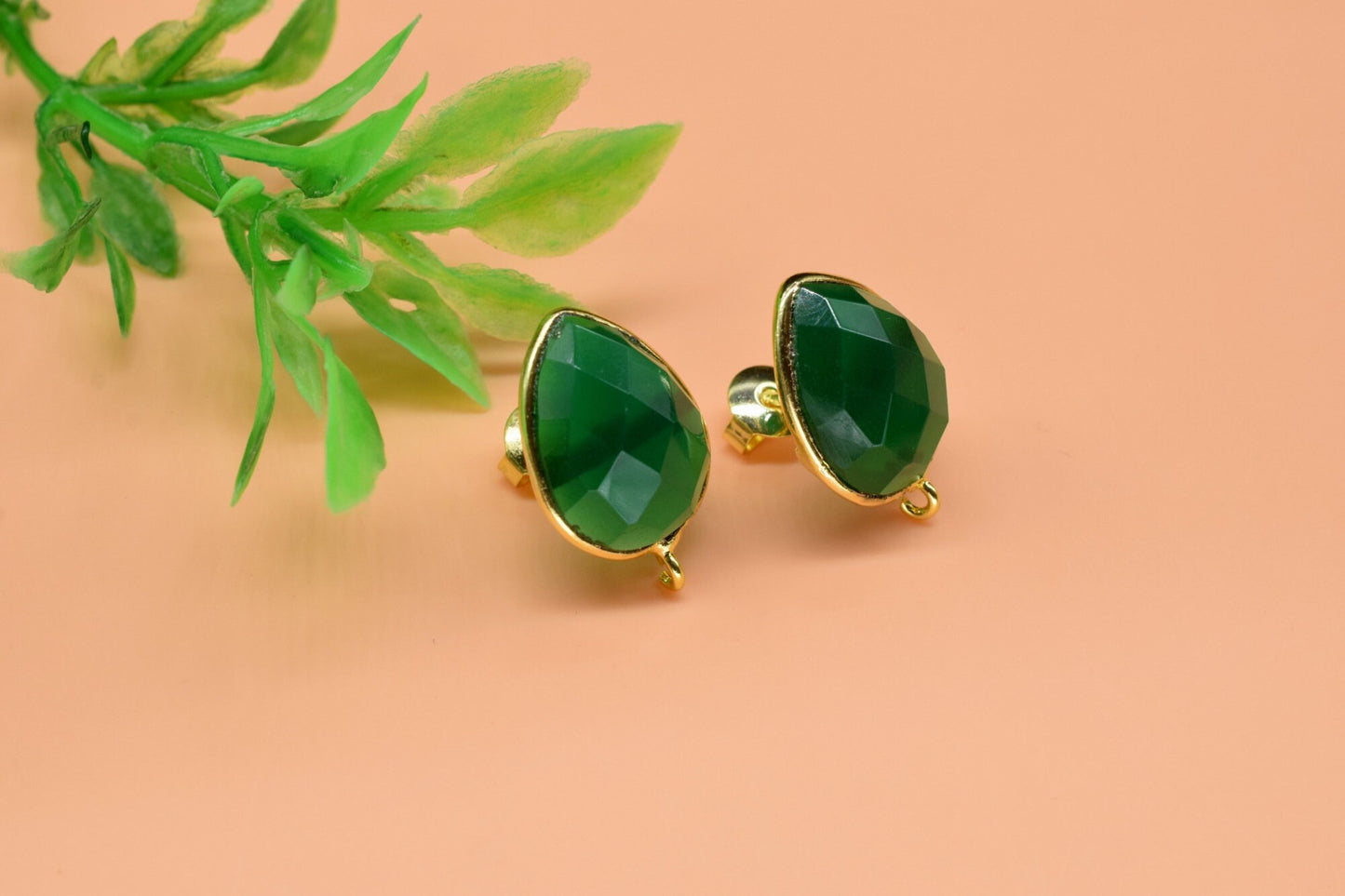 Green Onyx 12x16mm Teardrop Earring Connector,Green Jewelry,bezel frame Connector,Ear Post Studs Connector,Jewelry Making Finding,Green Stud