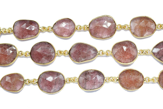 Pink Strawberry Faceted Connector,Gold Bezel Chain,Free Size Gemstone Connector,Station Handmade Bezel Link Chain,Pink Stawbery Jewelry,Gift