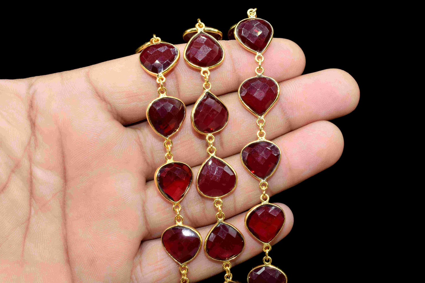 Garnet Gemstone 12mm Heart Shape Bezel Chain, Gemstone Connector Chain, Garnet Connector Link Chain, Garnet Loop Connector Chain For Jewelry