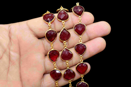 Garnet Gemstone 12mm Heart Shape Bezel Chain, Gemstone Connector Chain, Garnet Connector Link Chain, Garnet Loop Connector Chain For Jewelry