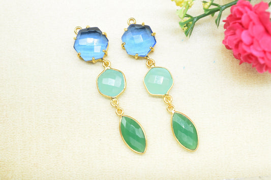 Blue Topaz Prong Bezel Charms Connector/Green Onyx Jewelry/Earring Connector/Station Bezel Link Pendant/Handmade Jewelry/Women jewelry/Gift