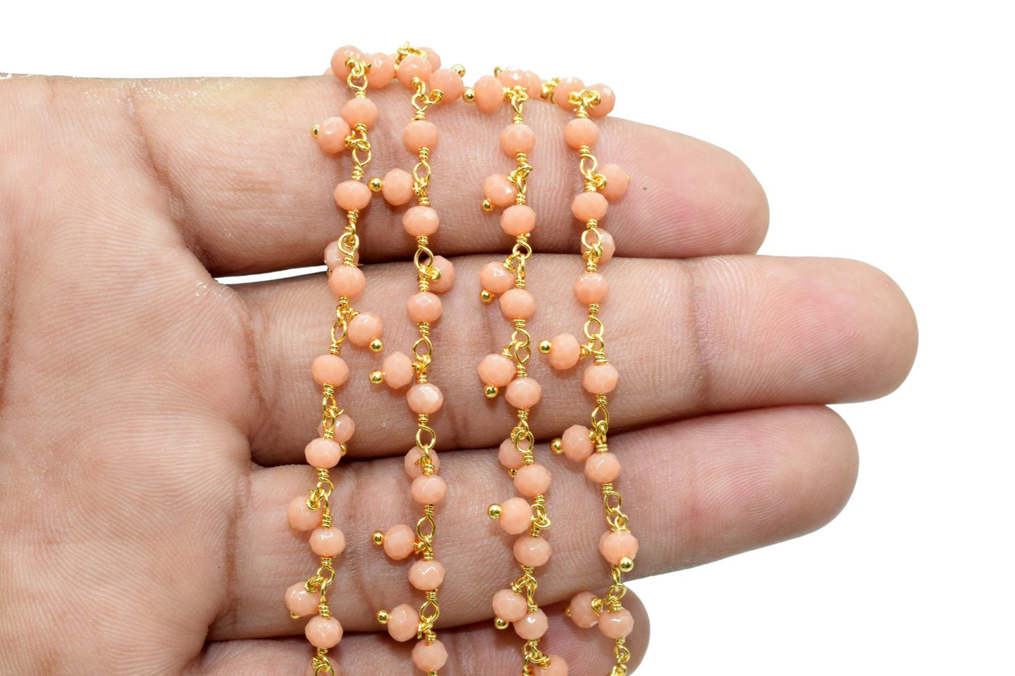 Peach Moonstone Cluster Beaded Chain, Gold Plated wire wrapped Rosary Chain,Dangling Faceted Wire Wrapped Beaded Chain,Soldby Foot Wholesale