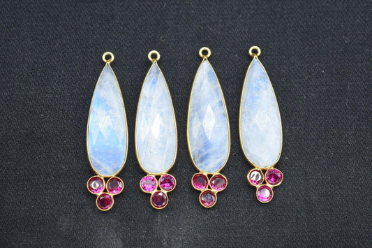 Natural Moonstone 10x30mm Pear shape Bezel charms,Moonstone Pendant,Gemstone connector,Moonstone Jewelry,Cubic zirconia Bezel charm,P121