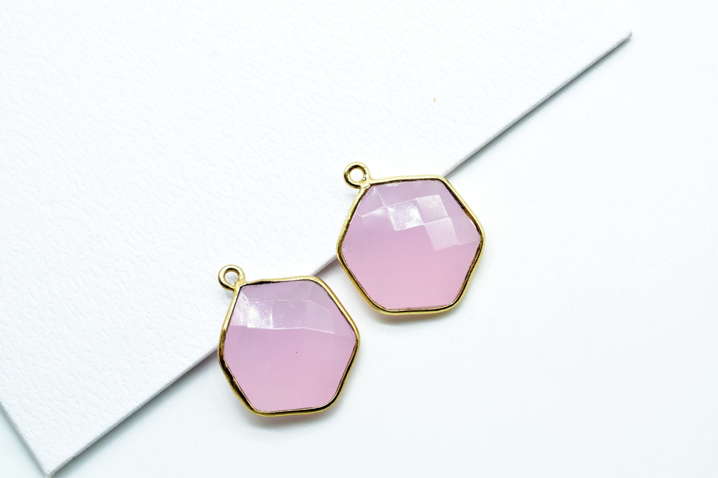 Pink chalcedony 16mm Hexagon shape single bail connectors,Hexagon Pendant,Pink charms,Pink Chalcedony single loop connectors,Hexagon bezels
