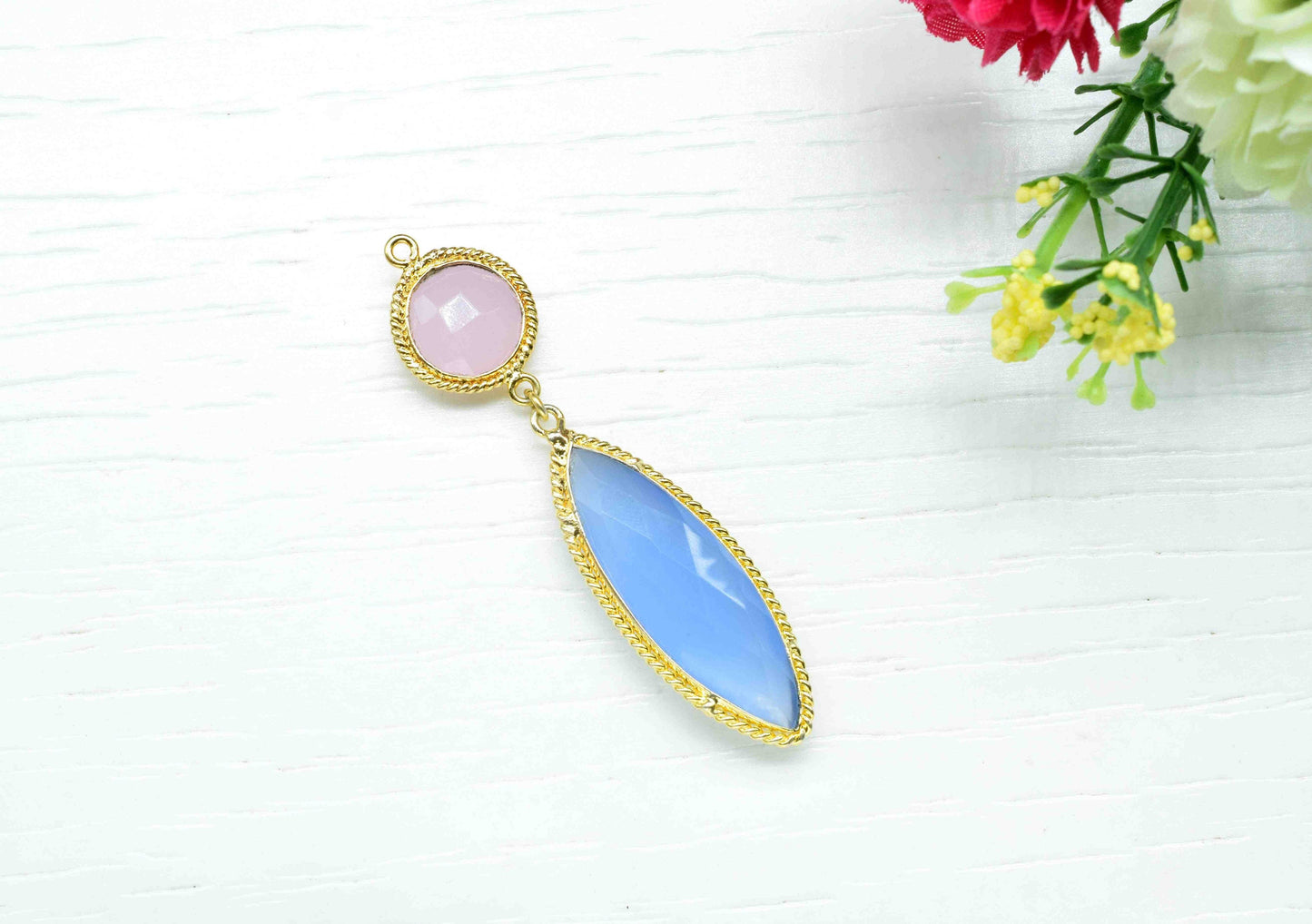 Blue Chalcedony  Pendant Charms ,Rose Quartz   Dangle Earring Component , Multi Gemstone Dangle Earring , Component Jewelry , B'day Gift