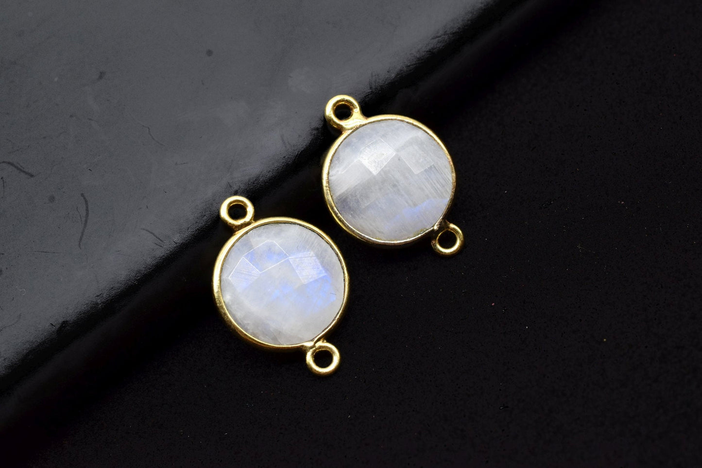 Moonstone 12mm Round double loop connectors,Moonstone Pendant,Round Gold Plated bezel,Moonstone charms,Moonstone Brass connectors,Moonstone