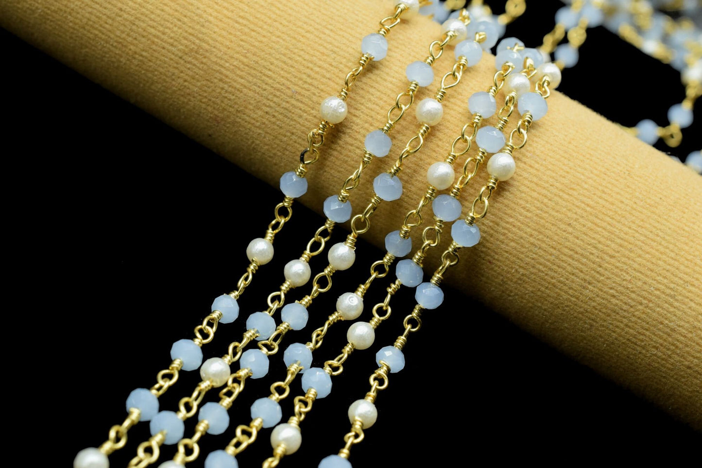 Aqua Chalcedony Rondelle Faceted Rosary Chain,Beaded Chain Roll,Blue Chalcedony Rosary,Gold Plated rosary chain,Jewelry Making Finding Chain