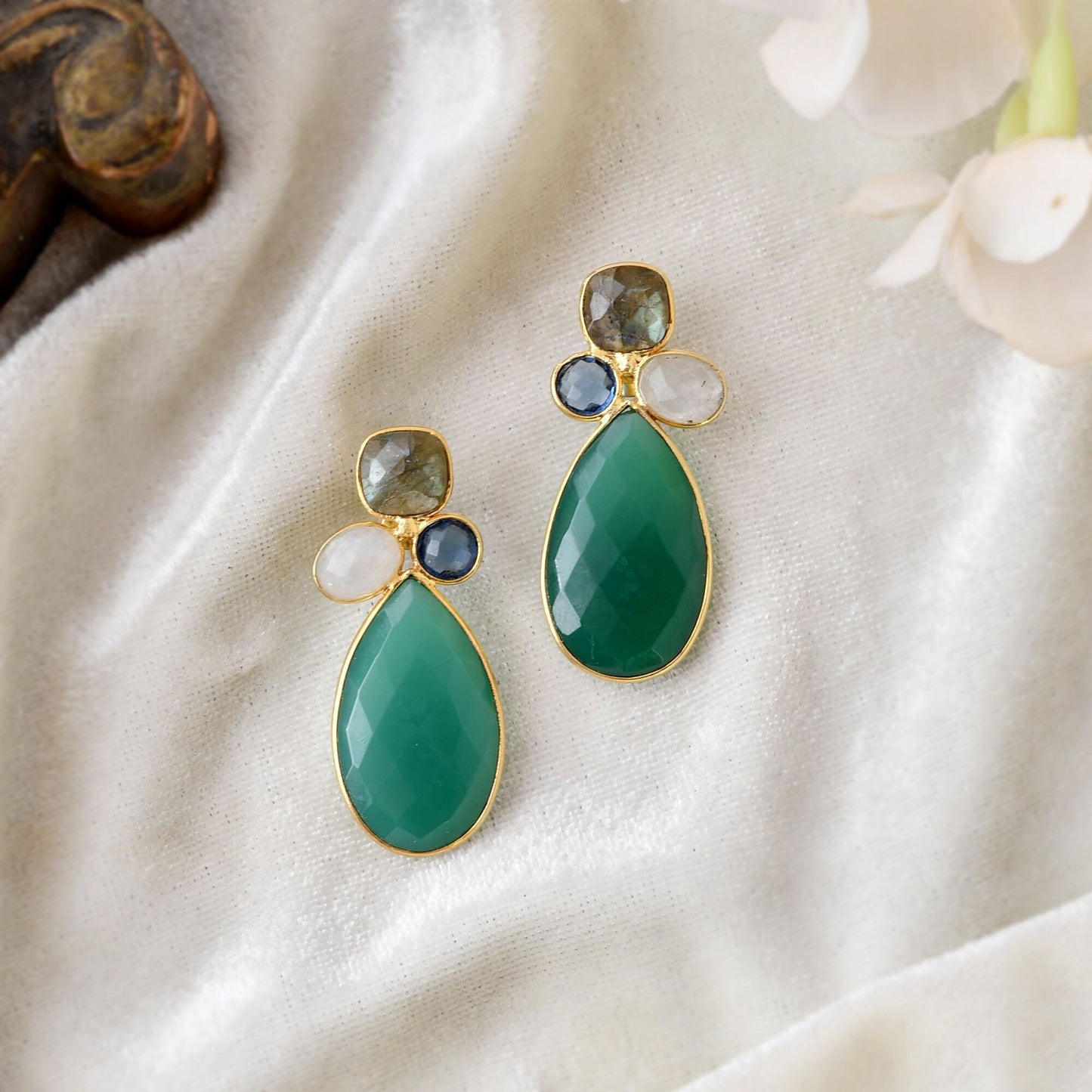 Gemstone Multi Stone Earring/Green Onyx Earring/Natural Labradorite Earring/Gold Plated Earring/Rainbow Moonstone Earring/Women Earring/Gift