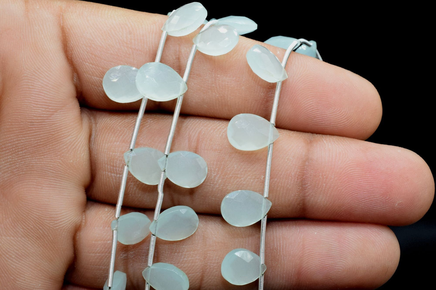 Aqua Chalcedony teardrop Briolettes,Aqua Chalcedony Beads,Aqua Chalcedony Faceted Pear Briolette,Aqua Chalcedony Beads Sparkly Full 8"Strand