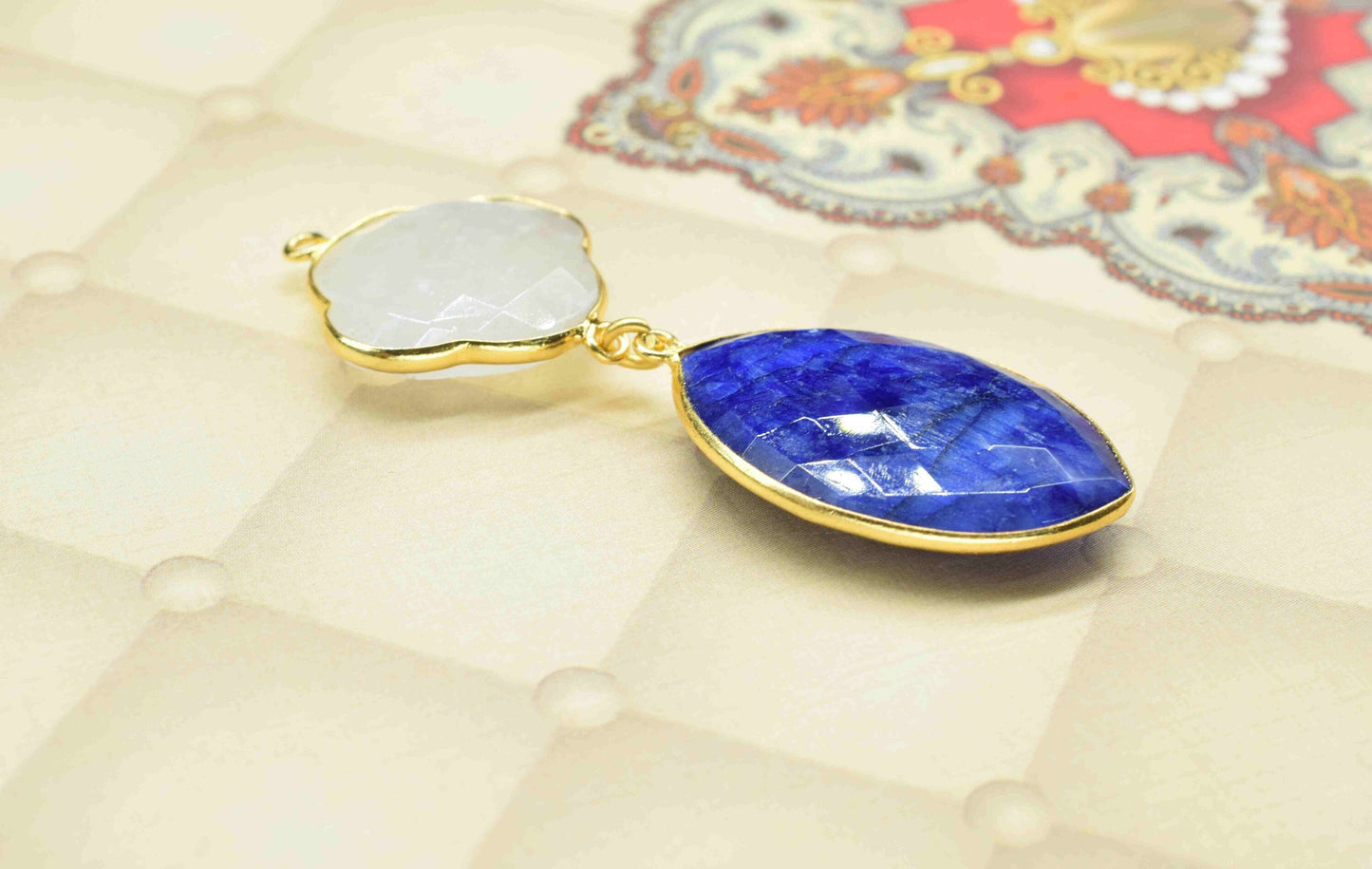 Moonstone + Blue Sapphire Component Pendants ,Multi Stone Dangle Earrings ,Earring Component Jewelry ,Dangle pendant Charms, B'day Gift