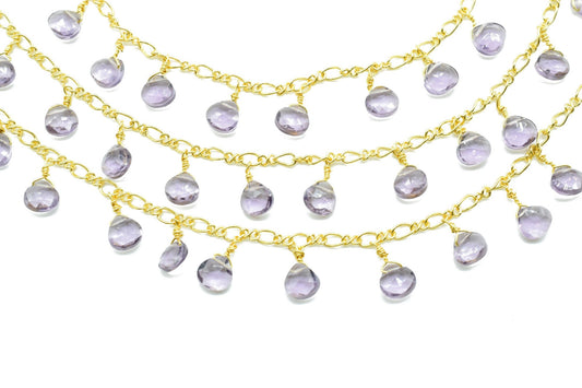 Amethyst 6mm Heart shape Briolette Chain,Briolette Wire Wrapped Gemstone chain,Faceted Rosary Chain,Handmade Gemstone rosary style chains
