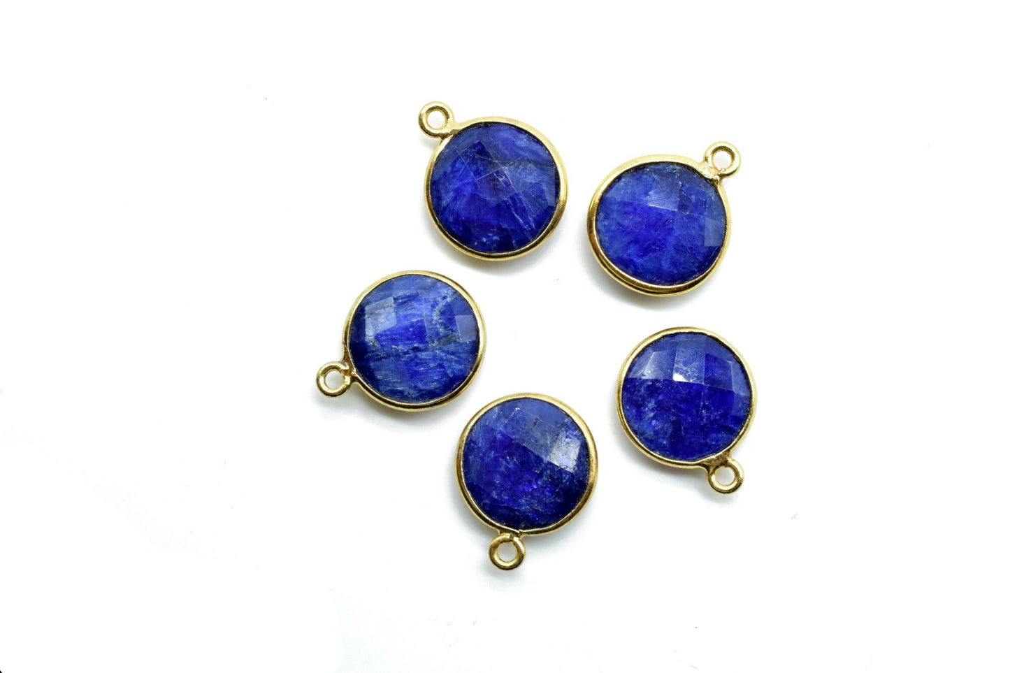 Genuine Blue Sapphire 12mm charm,Sapphire Pendant,Sapphire Round Gold Plated bezel,Vermeil Bezeljewelry making charmSapphire Brass connector