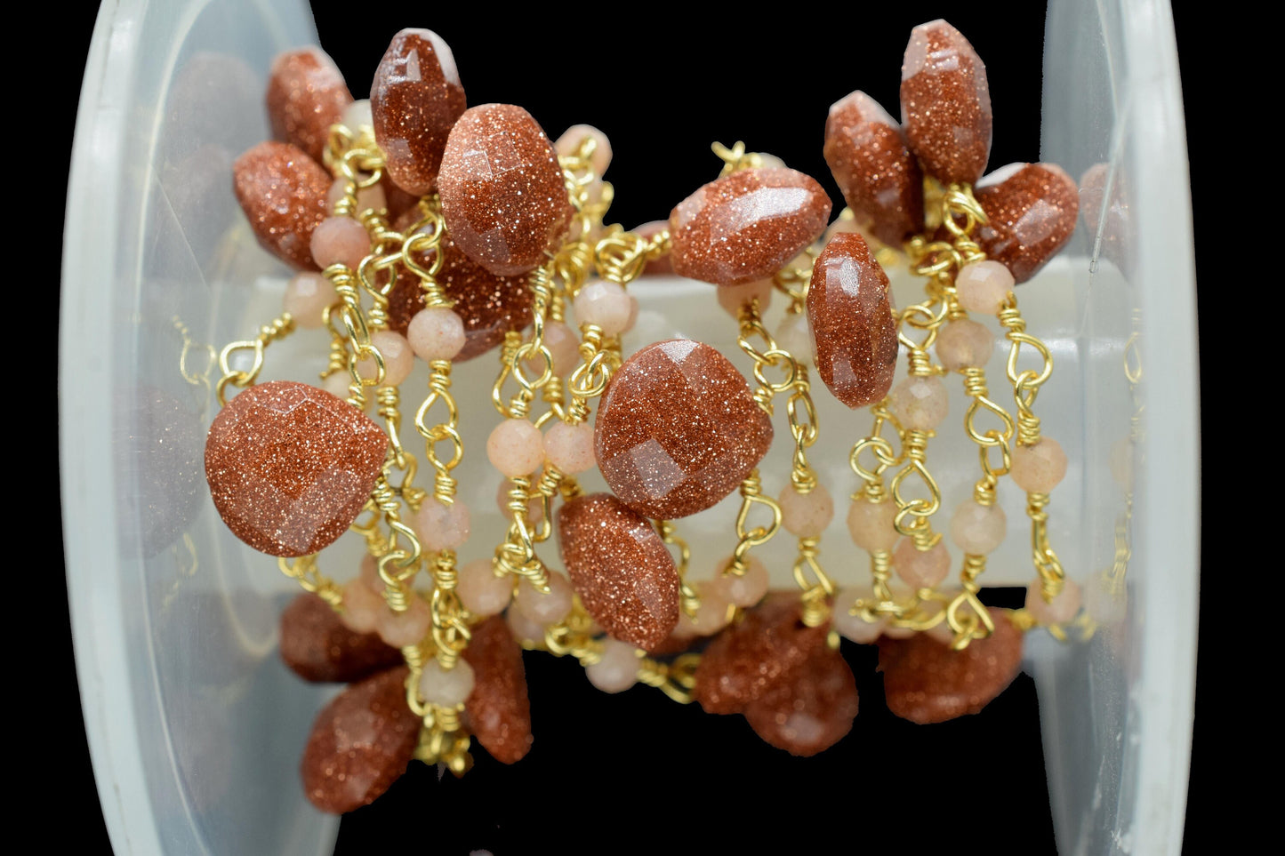 Peach Moonstone Beads Rosary,Silver Plated,Wire Wrapped link Stone Rosary,Heart Shape Briolette Chain, New Style Rosary,sunstone rosary,