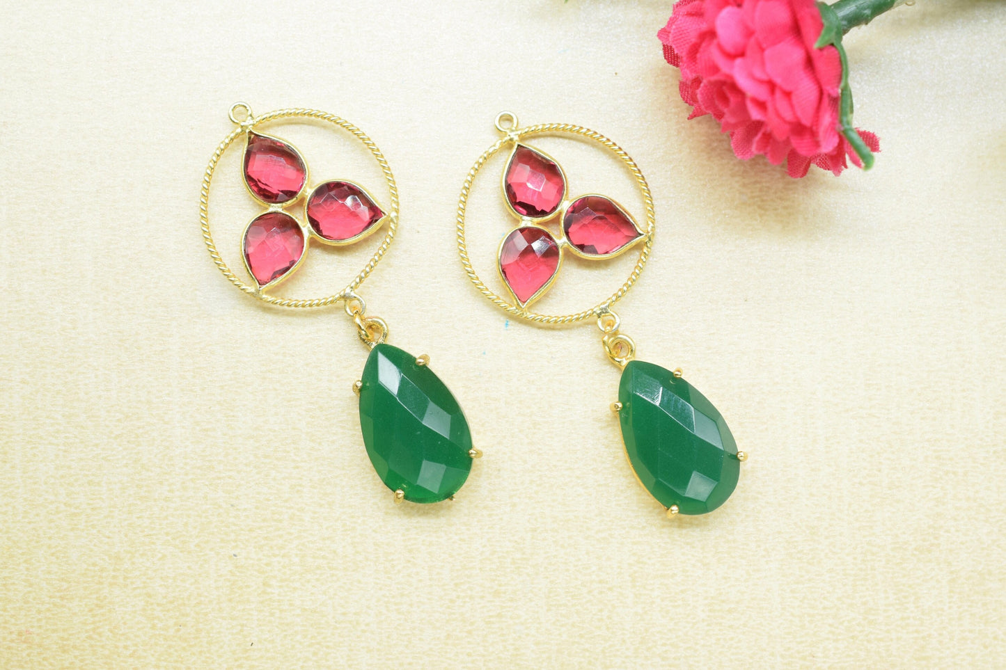 Pink tourmaline Bezel Charms Connector/Green Onyx Prong Jewelry/Earring Connector/Station Bezel Link Pendant/Handmade Jewelry/B'day Gift