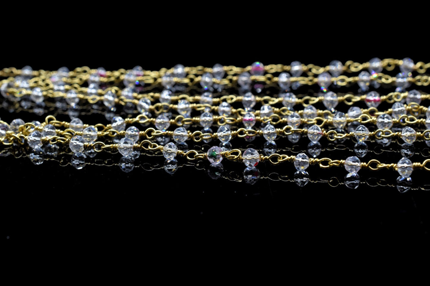 Crystal Quartz 3mm Beaded Chain,Rosary,Crystal Quartz Wire Wrap Chain,Crystal Quartz Brass chain Jewelry Making Chain,Crystal Quartz Rosary