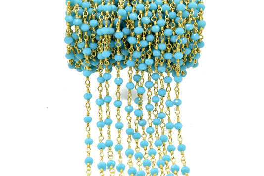 Turquoise Agate 3mm Beaded Chain,Turquoise Faceted Beads Wire Wrapped Chain,Brass chains,Jewelry Making Chain,Turquoise Beads rosary Chain