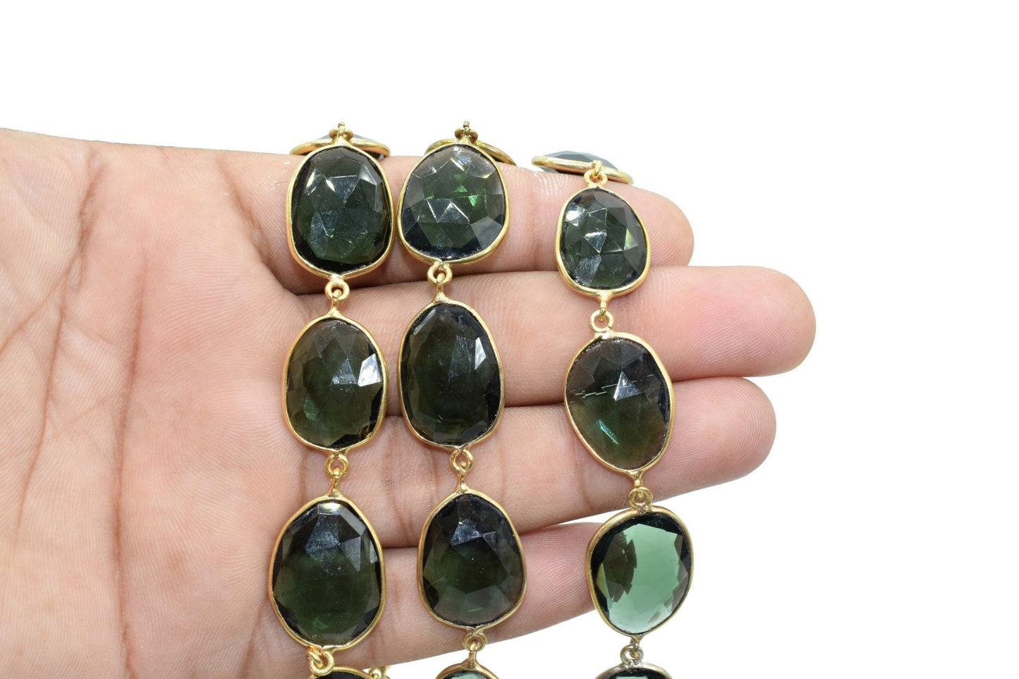 Green Tourmaline Bezel Connector Chain,Free form Size Faceted Gemstone Connector Chain,Handmade Bezel LinkChain,Gold Plated Bezel Link Chain