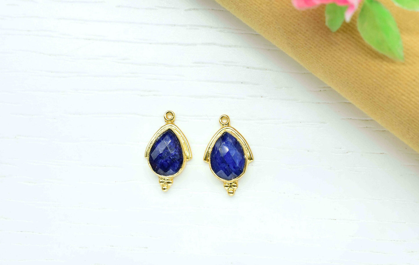 Blue Sapphire Faceted 9x13mm Peear Shape Connectors Pendant Jewelry,Sapphire Checker Cut Bezels Jewelry,Gemstone Gold Plating Charms Pendant