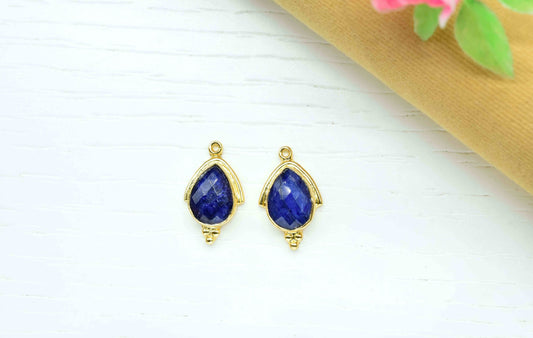 Blue Sapphire Faceted 9x13mm Peear Shape Connectors Pendant Jewelry,Sapphire Checker Cut Bezels Jewelry,Gemstone Gold Plating Charms Pendant