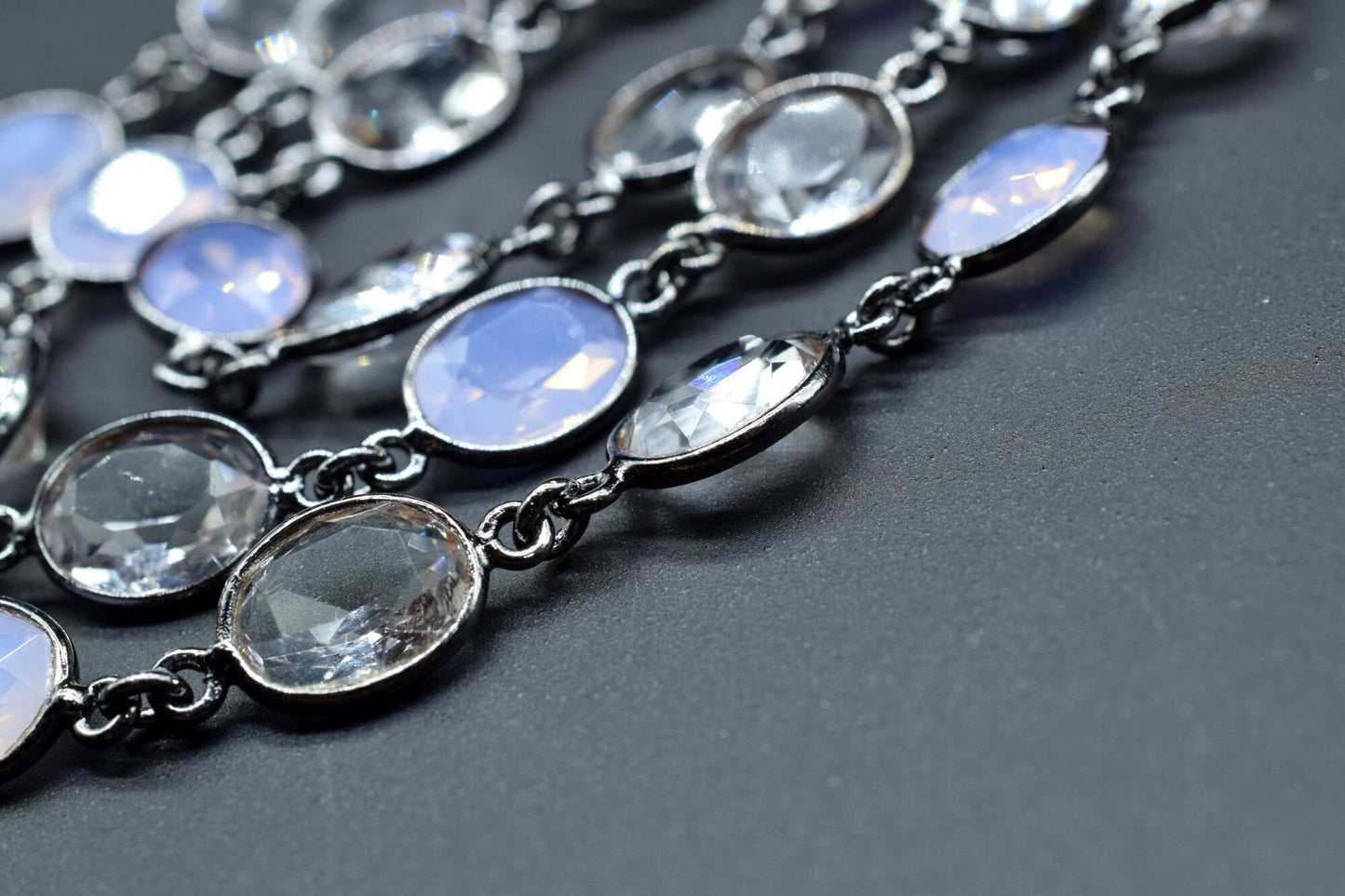 Opalite & Crystal Bezel link Chain I Handmade Bezel Link Chain, black rhodium Bezel Chain,Brass Chain,Gemstone Connector Chain Per Foot