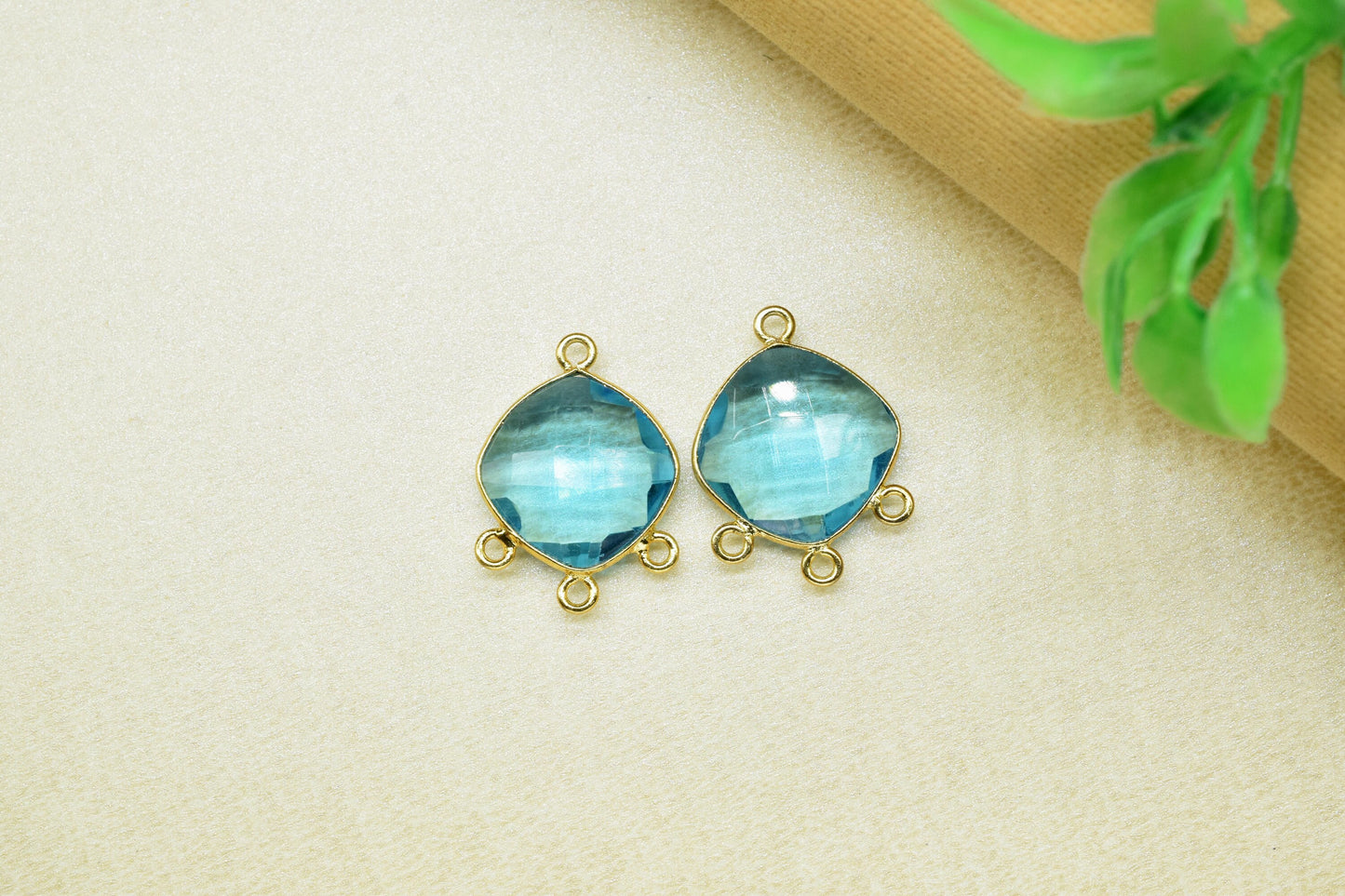 Blue Topaz Charms,Blue Topaz Gemstone 14mm Square Shape Charms,Topaz Faceted Gemstone Bezel Jewelry,Topaz Gold Plated Single Bail Connector