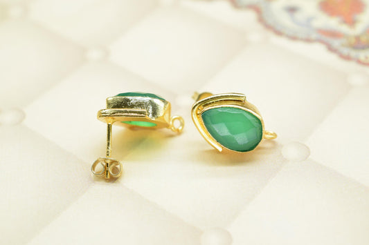 Green Onyx Studs Connector/Gold Plated Earring/Handmade Studs/Bezel Set Studs/Teardrop Earring/Women Jewelry/Onyx Connector Studs/B'day Gift