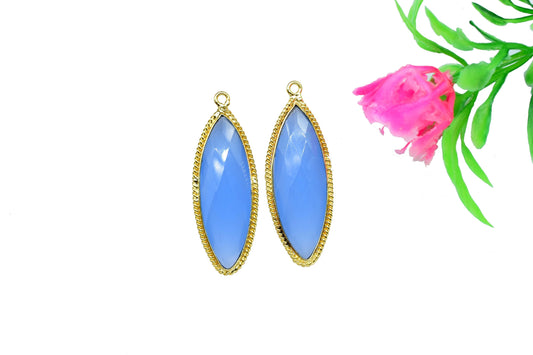Blue Chalcedony Faceted 10x30mm Marquise Shape Connector,Blue chalcedony Single bail component,Blue Chalcedony Gold Plated Bezel Connector